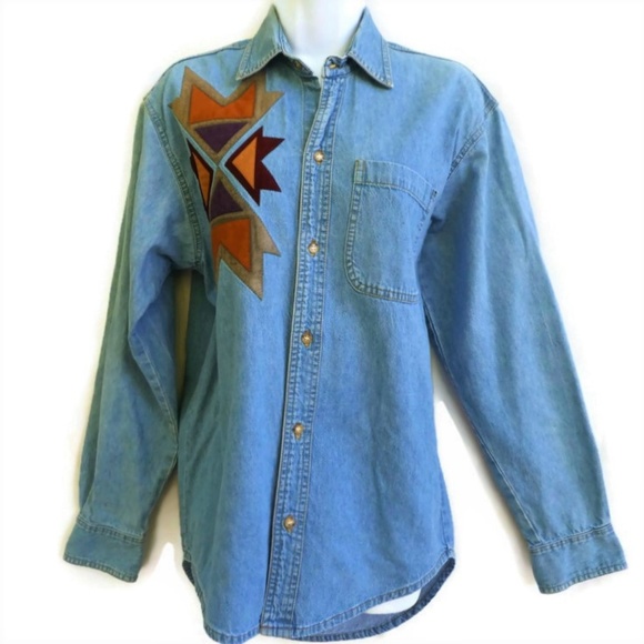 Sundance Denim Wear Shirt Vintage USA Aztec Appliq - Picture 2 of 8
